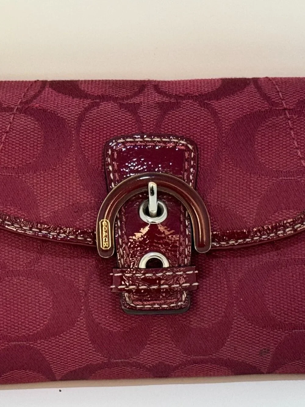 Coach Signature Burgundy Jacquard Buckle Wallet Patent Leather